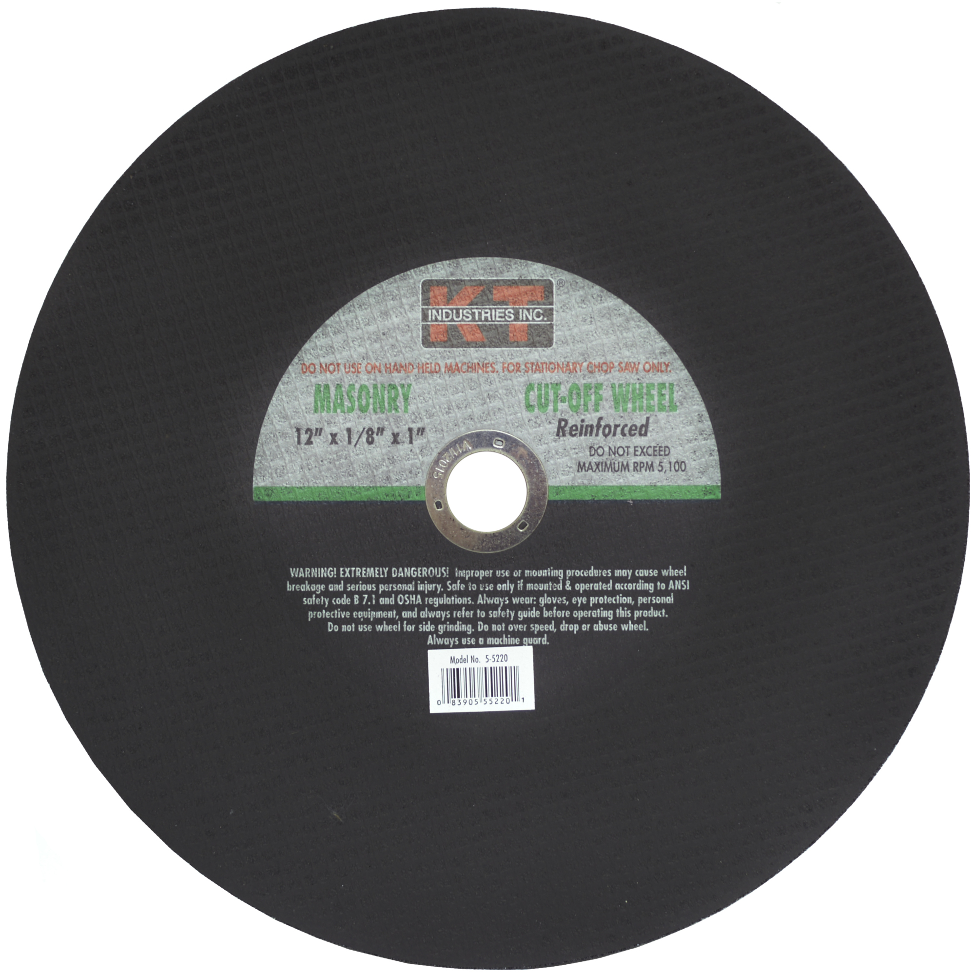K-T Industries Masonry Cut-Off Wheels — 12in. x 1/8in. x 1in., Double Reinforced, 5,100 RPM, 5 Pk., Model# 5-5220